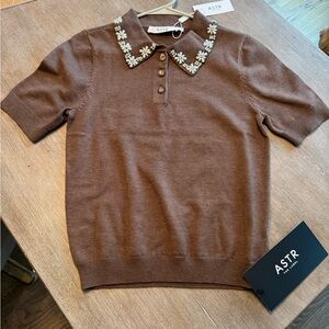 ASTR Brown Knit Top with Floral Collar